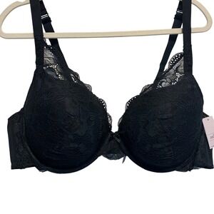 NWT Auden Push-Up Plunge Underwire Bra 46C Black Floral Lace Adjustable Strap
